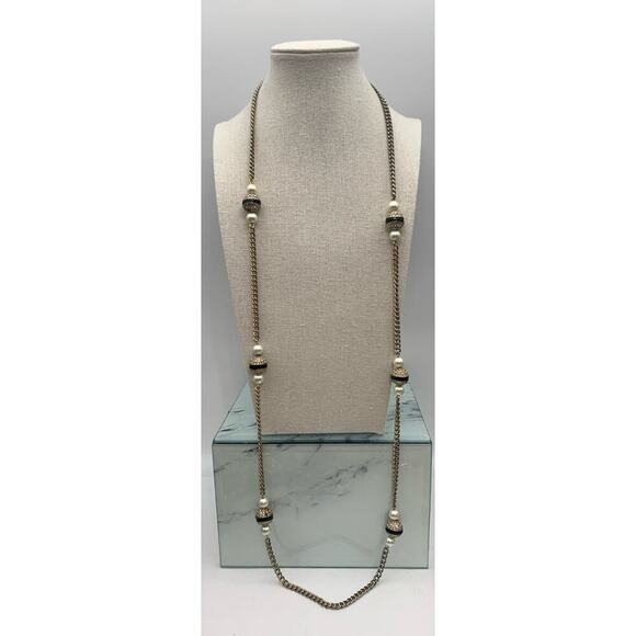 J Crew Gold Tone Pave Rhinestone Stations With Faux Pearls Necklace - Picture 1 of 6